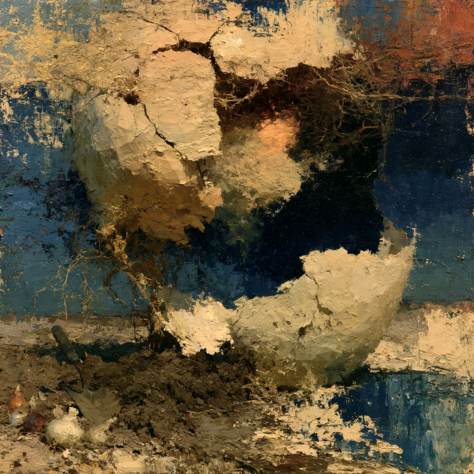 A painting of an eggshell broken open on a starry night, over garden soil with a trowel and bulbs.